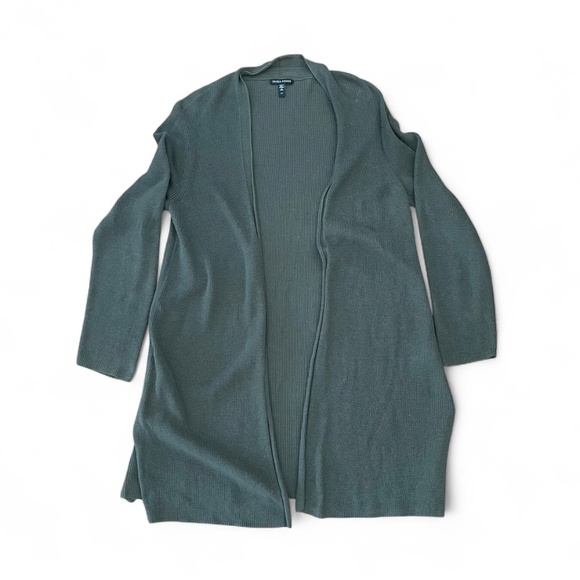 Eileen Fisher Green Open Front Ribbed Cardigan Size S Organic Slub Cotton - Picture 1 of 7